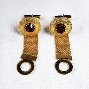 Vintage Gold Tone Mesh Wrap Around Red Faceted Rhinestone Cuff Links